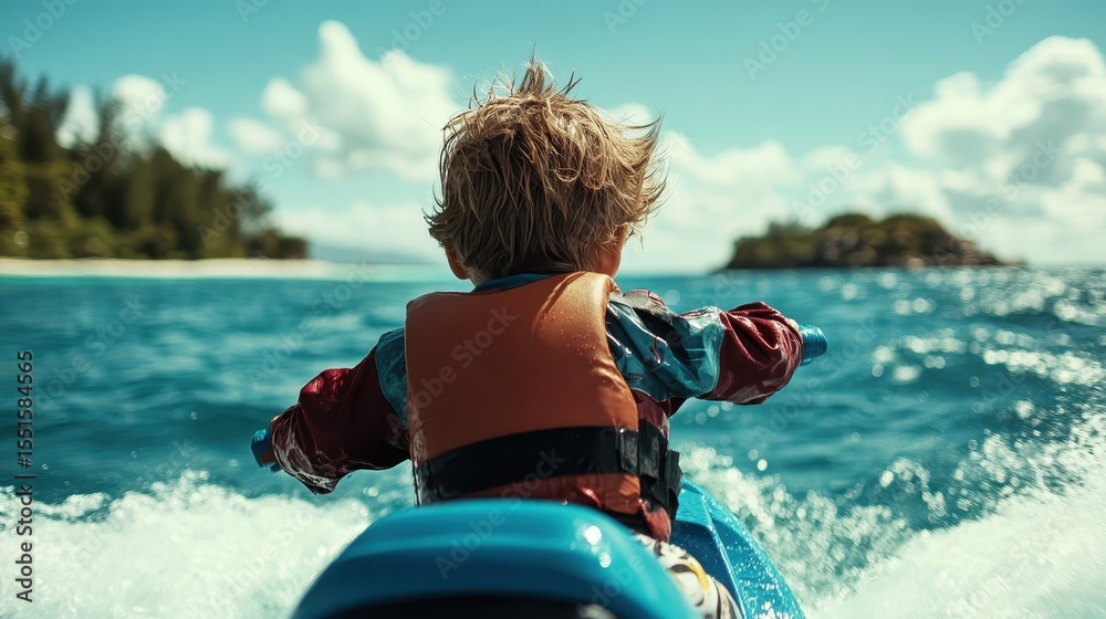 Fototapeta premium A joyful child rides a blue jet ski across the sparkling water, embodying the thrill of adventure and the joy of childhood in a picturesque coastal setting under a sunny sky.