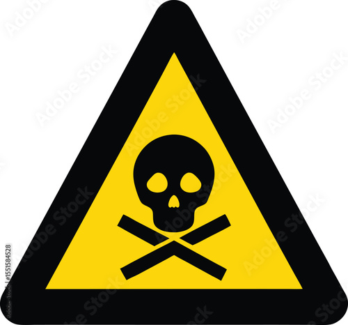 Yellow triangular warning sign with skull and crossbones, symbolizing toxic or poisonous hazard. Danger warning sign.