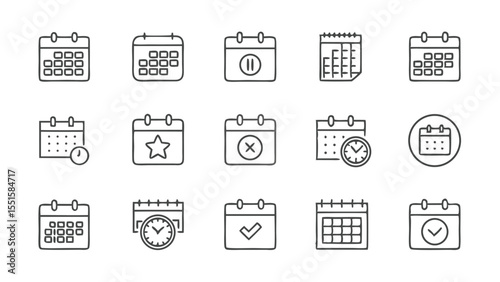 Various calendar icons displaying different date and time reminders and scheduling symbols in outline style