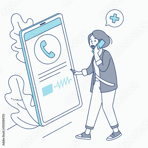 Woman holding phone next to large screen displaying 911 emergency call interface. Minimalist style with abstract shapes in background. Concept of urgency