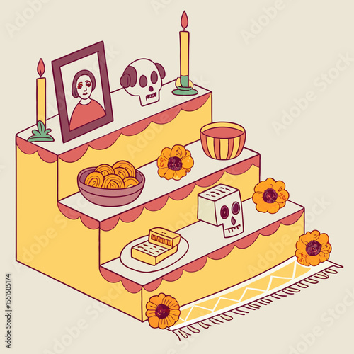 Cartoon day of the dead dia de los muertos mexican ofrenda altar featuring marigold flowers, food, candles, sugar skulls and photos of ancestors symbolizing remembrance, culture, and ancestral respect