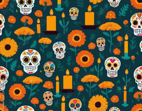 Cartoon day of the dead dia de los muertos mexican ofrenda altar featuring marigold flowers, food, candles, sugar skulls and photos of ancestors symbolizing remembrance, culture, and ancestral respect