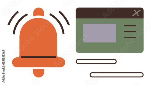 Orange bell with vibration lines next to a popup window featuring rectangular and line elements. Ideal for alert, message, communication, notification, interface, reminder, simple flat metaphor