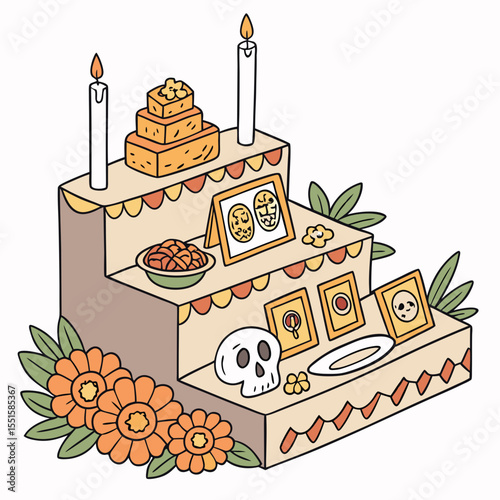 Cartoon day of the dead dia de los muertos mexican ofrenda altar featuring marigold flowers, food, candles, sugar skulls and photos of ancestors symbolizing remembrance, culture, and ancestral respect