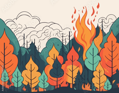 Abstract Line Drawing of a Forest Fire with Smoke