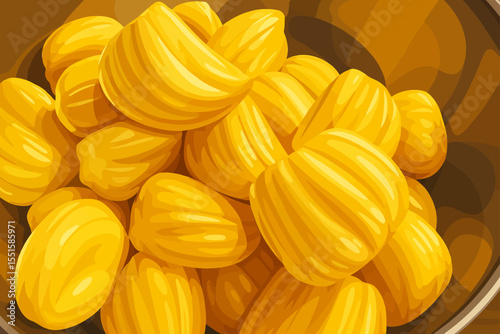 A close-up view of peeled jackfruit pods in a bowl, showcasing their vibrant yellow color and juicy texture. The jackfruit is neatly prepared, with seeds removed, making it ready to eat. The image emp