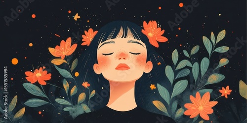 Portrait of a serene woman with closed eyes surrounded by vibrant orange flowers against a dark background, blending surreal and peaceful elements