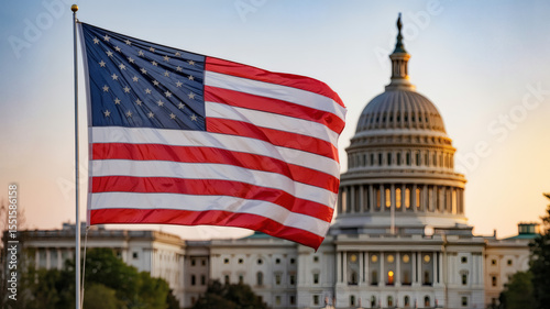 Symbol of American Democracy: United States Capitol Building with Waving Flag at Sunset, a Patriotic Scene