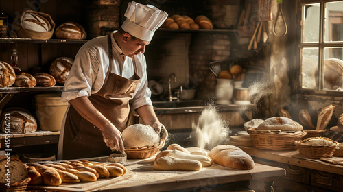Baker forms loaves of bread from raw dough in a professional kitchen. Bakery products. Bakery. Character chef, pastry chef for advertising.