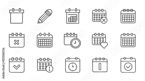 Illustration of calendar icons with various symbols such as pencil, clock, heart, check and cross