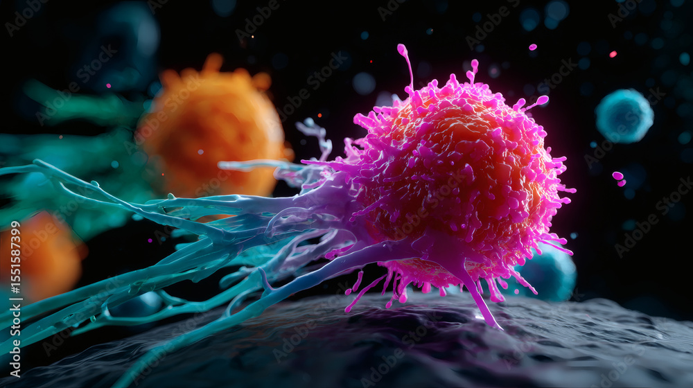 Obraz premium A vibrant 3D rendering of a cancer cell with extended filopodia interacting with its environment, showcasing cellular structure and activity.