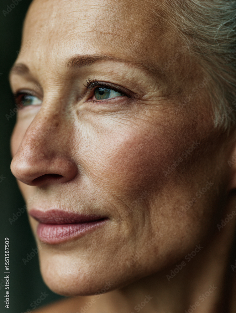 Side view close-up of mature woman with natural skin in soft light. Side view close-up of mature woman with natural skin in soft light.