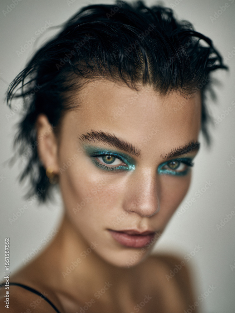 Naklejka premium Close-up portrait of young woman with bold blue eye makeup.