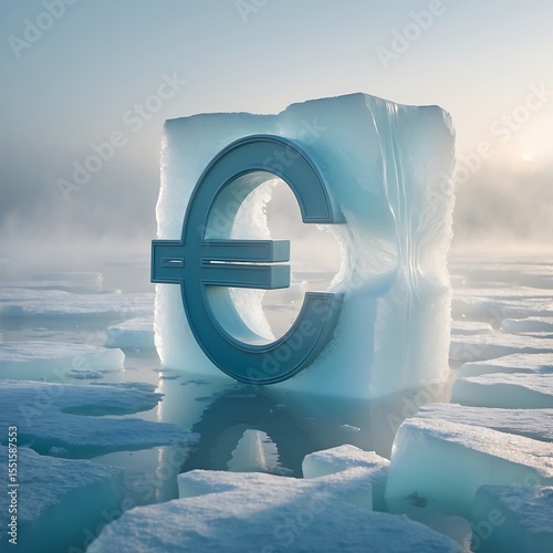 A Euro symbol trapped in cracked arctic ice, surrounded by frost and mist, softly lit in pale blues and whites. Photorealistic, symbolizing economic stagnation and cold isolation.