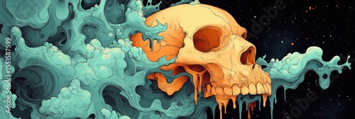 Digital Artwork of a Surreal Melting Skull Emanating Abstract Waves in a Cosmic Night Sky Featuring Dreamlike Elements and Detailed Textures