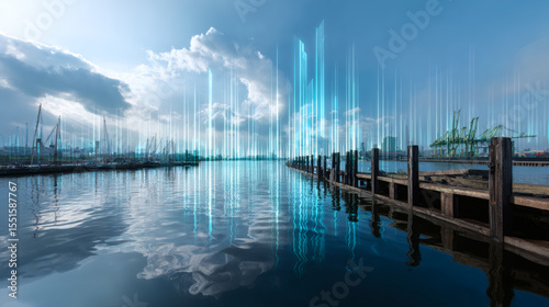 Wallpaper Mural A calm harbor scene with boats and docks under a bright sky, enhanced by futuristic blue light beams rising from the water, blending nature and digital technology. Torontodigital.ca