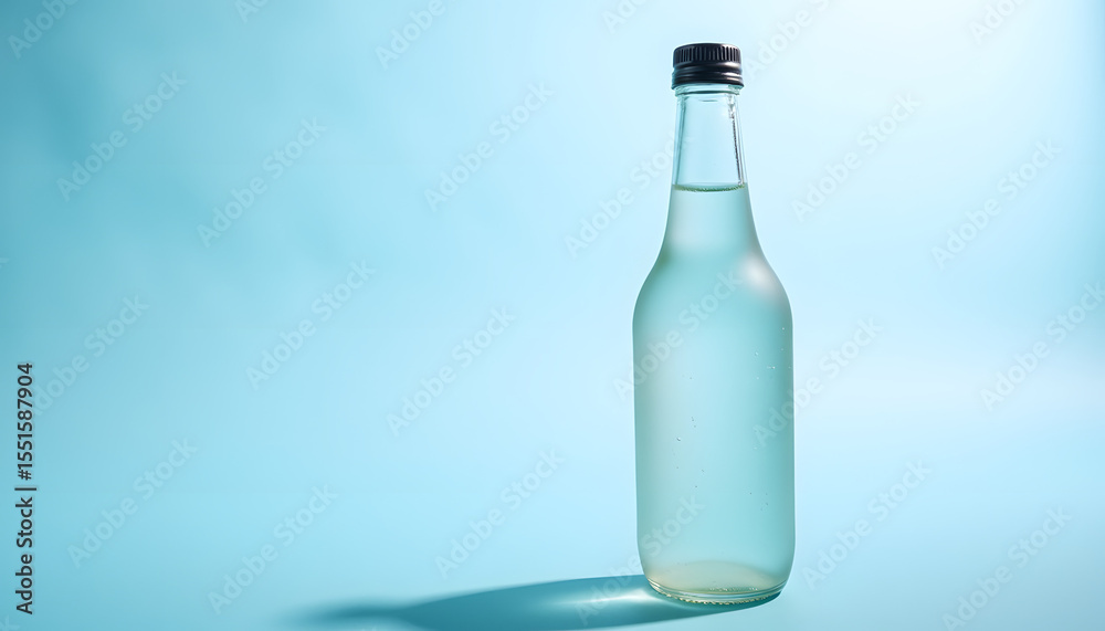 Clear drink bottle against blue background symbolizing summer refreshment Clear drink bottle against blue background symbolizing summer refreshment