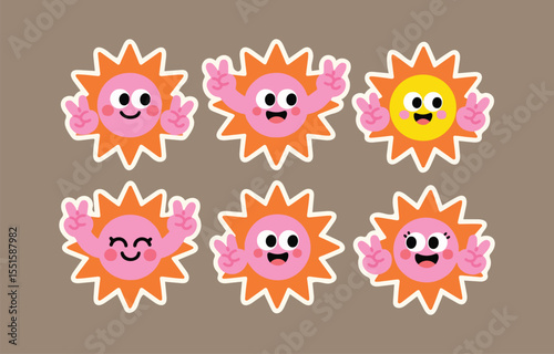 Retro Cartoon Sun Characters with Peace Sign Groovy Summer Vibes and Positive Energy
