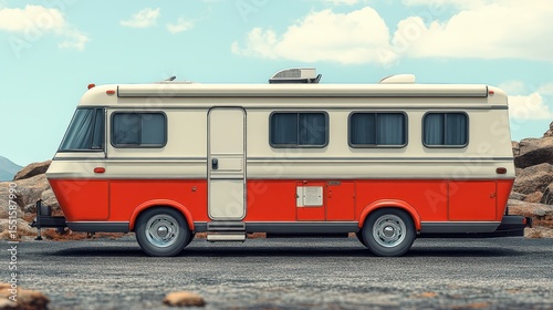 Vintage recreational vehicle parked in a rugged outdoor setting under a clear sky, showcasing classic design elements and vibrant two-tone exterior.