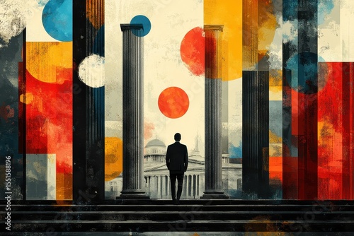 Silhouette of a Person Amidst Abstract Architectural Structures With Vibrant Geometric Shapes in a Dreamlike Urban Environment