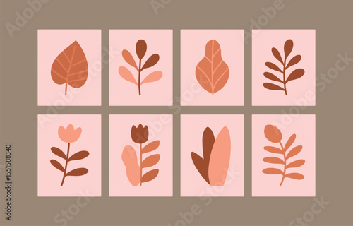 Botanical Illustration Set in Earthy Tones Featuring Leaves and Flowers on Light Pink Backgrounds