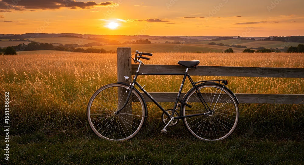 Fototapeta premium Bicycle by Fence in Golden Sunset Field