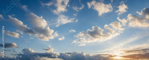 Blue sky clouds background, Beautiful landscape with clouds and orange sun on sky