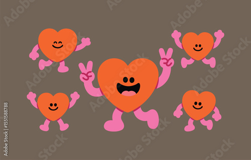 Fun and Playful Heart Characters with Pink Limbs Dancing and Spreading Love and Positivity