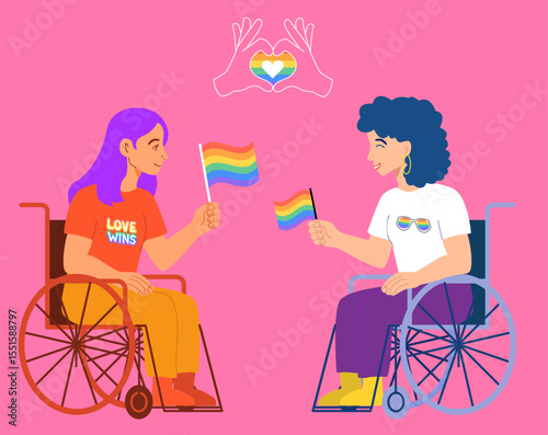 Bright and inclusive vector illustration of two LGBTQ women in wheelchairs proudly holding rainbow flags. Celebrating love, visibility, and disability rights during Pride Month. Perfect for awareness