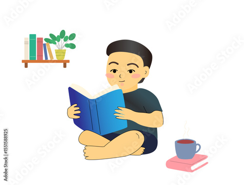 Cute little boy reading book sitting on floor. near cup coffee or tea on book. vector illustration isolated on white.