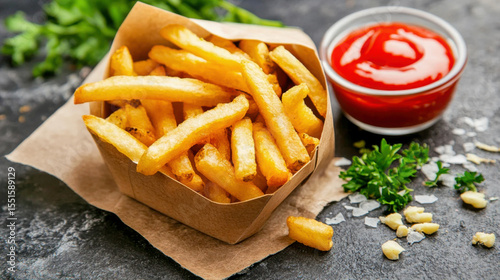 A paper boat brimming with golden, crispy French fries sits beside a small bowl of ketchup.  Fresh parsley and salt add a flavorful touch.