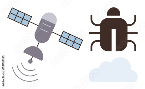 Satellite emitting waves, a bug icon, and a cloud, representing data communication, cybersecurity challenges, and cloud technology. Ideal for technology, data transfer, cybersecurity cloud services