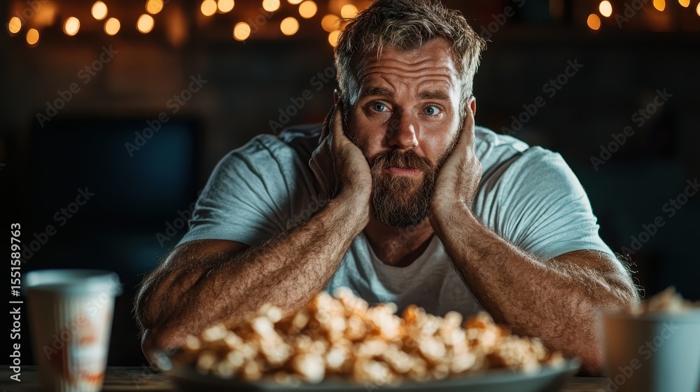 A man with a thoughtful expression rests his head on his hands, surrounded by popcorn in a cozy, dimly lit setting, perfect for movie night or relaxation. A man with a thoughtful expression rests his head on his hands, surrounded by popcorn in a cozy, dimly lit setting, perfect for movie night or relaxation.