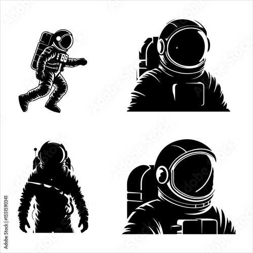 Four Astronaut Silhouettes Exploring Space in Stylish Vector Design