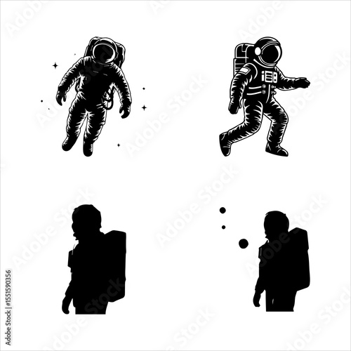 Spacewalking Astronaut Silhouette Set with Helmet and Jetpack Detail