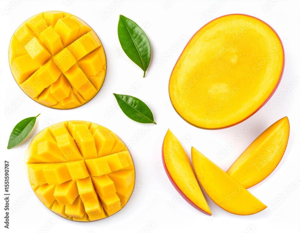 Fototapeta premium Slices of juicy mango, showcasing its beautiful color and succulent texture, ideal for food photography, recipes, or conveying a refreshing vibe, mango in white background