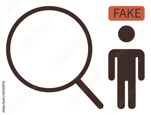 Magnifying glass inspecting a person icon labeled as fake. Ideal for authenticity, fraud detection, verification, scrutiny, compliance, investigation, security. Simple flat metaphor
