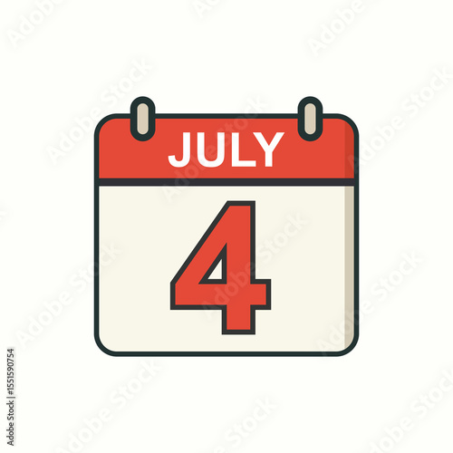Vector calendar showing July 4, symbol of U.S. Independence Day, perfect for patriotic celebration graphics, flyers, and holiday announcement materials