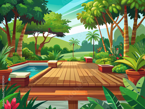 vector of Wooden deck in lush garden, outdoor house patio scene, ideal for landscaping...