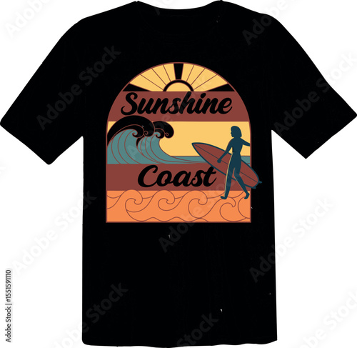 "Sunshine Coast" Retro Surf T-Shirt Design with Surfer and Waves