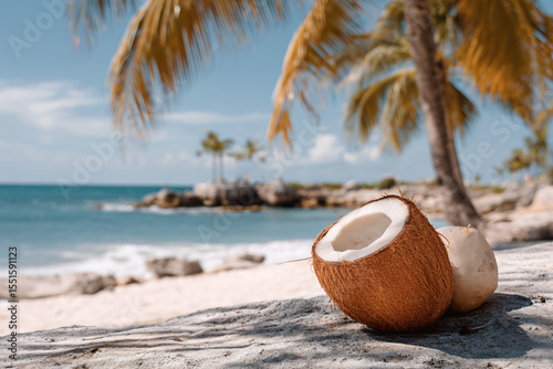 Wallpaper Mural Coconut on a tropical beach on the left side. Summer holidays. Torontodigital.ca