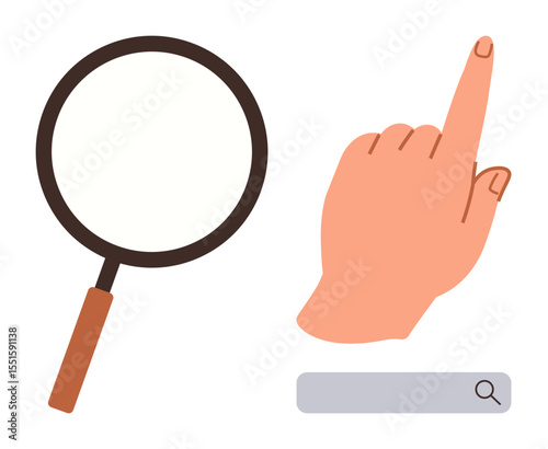 Magnifying glass, hand pointing upward, search bar with search icon. Ideal for navigation, research, exploration, education, curiosity investigation online search. Simple flat metaphor