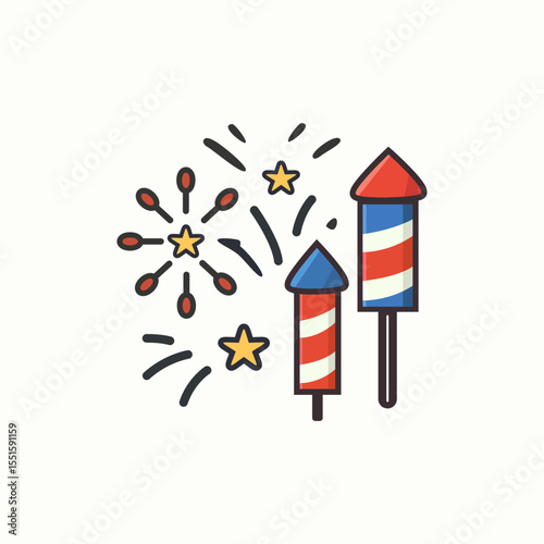 Two cartoon fireworks rockets with stars in USA flag colors, perfect for July 4 holiday graphics, party flyers, social media posts, and celebration decor
