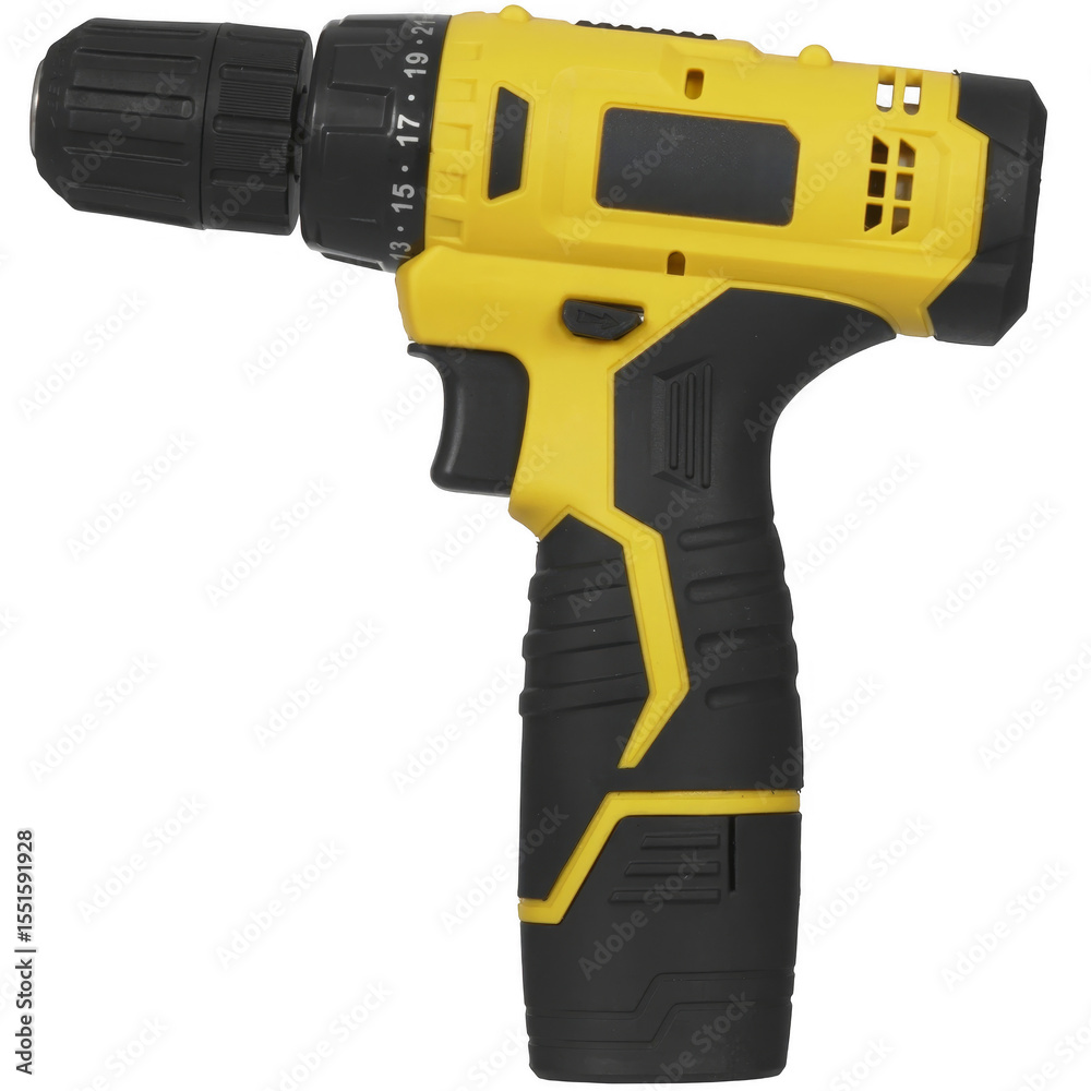 Yellow and black cordless drill with adjustable speed settings isolated on transparent background Yellow and black cordless drill with adjustable speed settings isolated on transparent background