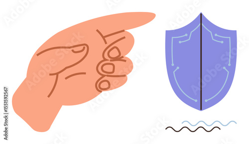 Hand gesture pointing at blue shield with abstract wavy lines. Ideal for security, safety, guidance, precaution, boundaries, authority, trust. Minimalist flat metaphor with simple design