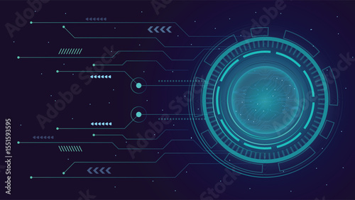 High tech circular interface design with glowing blue circuits and abstract digital elements on dark futuristic background
