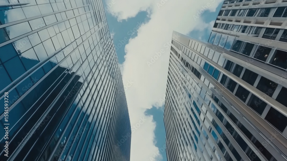 Fototapeta premium Modern skyscrapers reaching towards a cloudy sky.