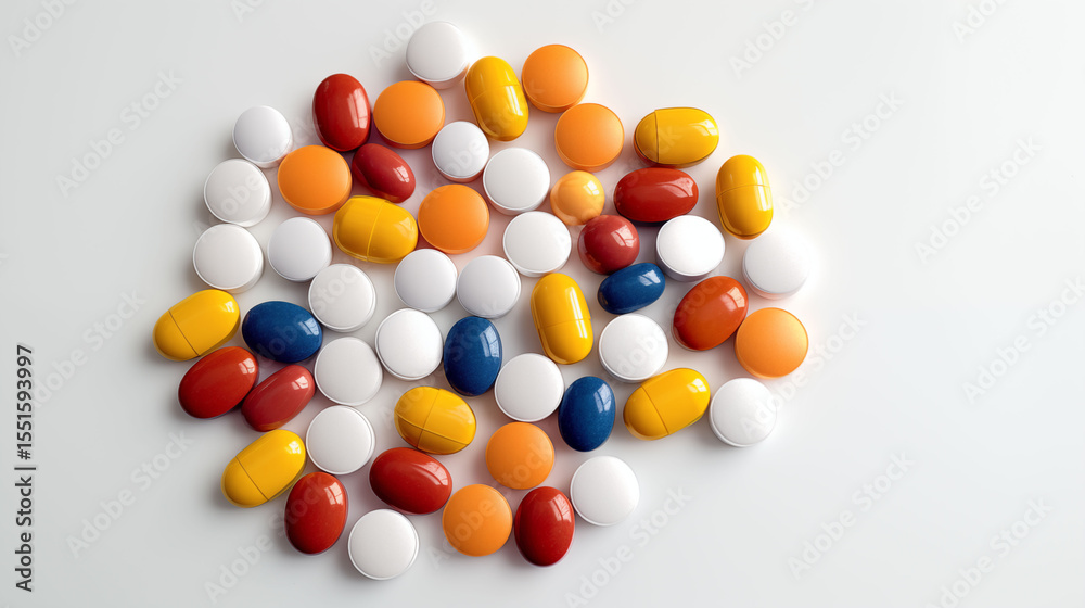 Obraz premium Assorted medicine pills and capsules scattered on a clean white background