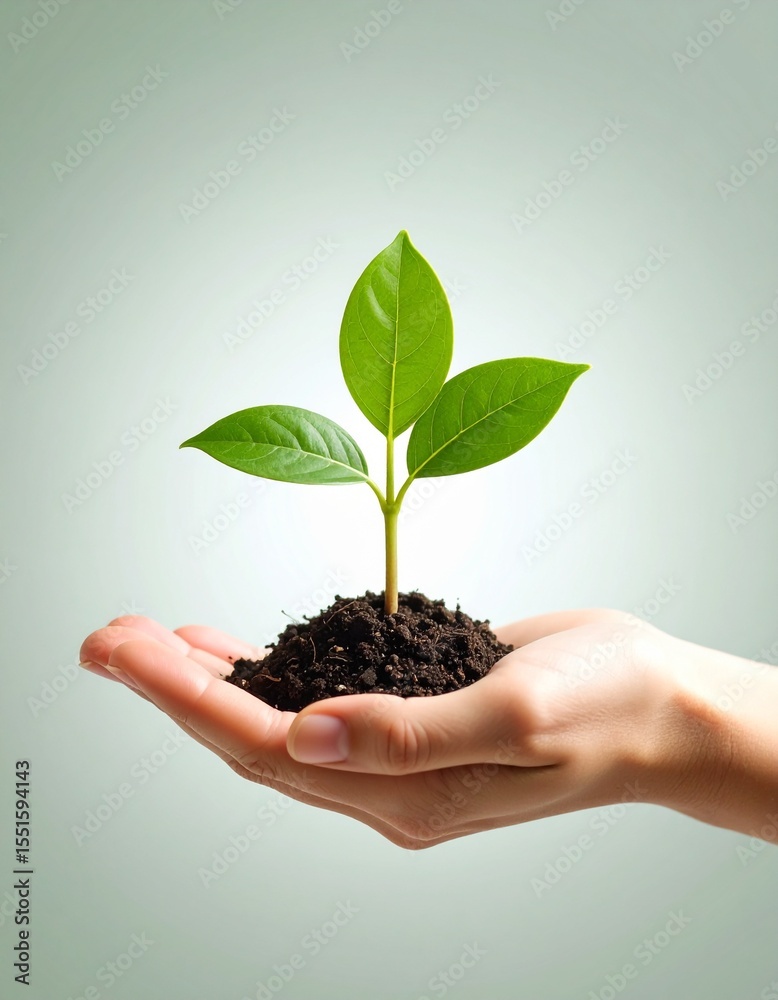 Primer plano de palma de mano humana con un brote verde de una planta Primer plano de palma de mano humana con un brote verde de una planta