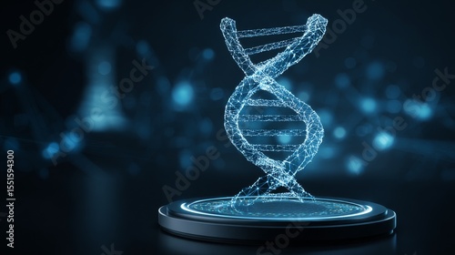 Futuristic digital DNA double-helix structure with wireframe design, glowing circular platform, intricate patterns, and cool blue bokeh light effects in a high-tech, scientific atmosphere.